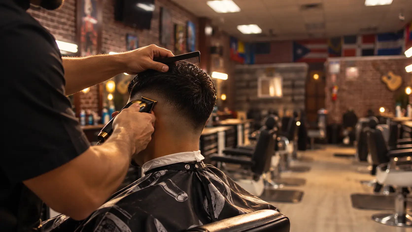 A barber trimming the back of a fade with clippers and a comb, with the shop's chairs and flags behind
